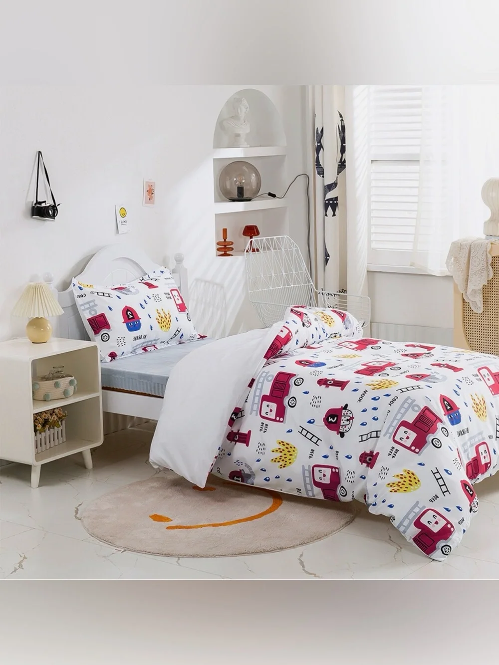 Kids White Firetruck Bedding Set - Playful Firefighter Print